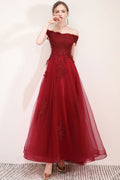 Burgundy tulle lace long prom dress, burgundy evening dress