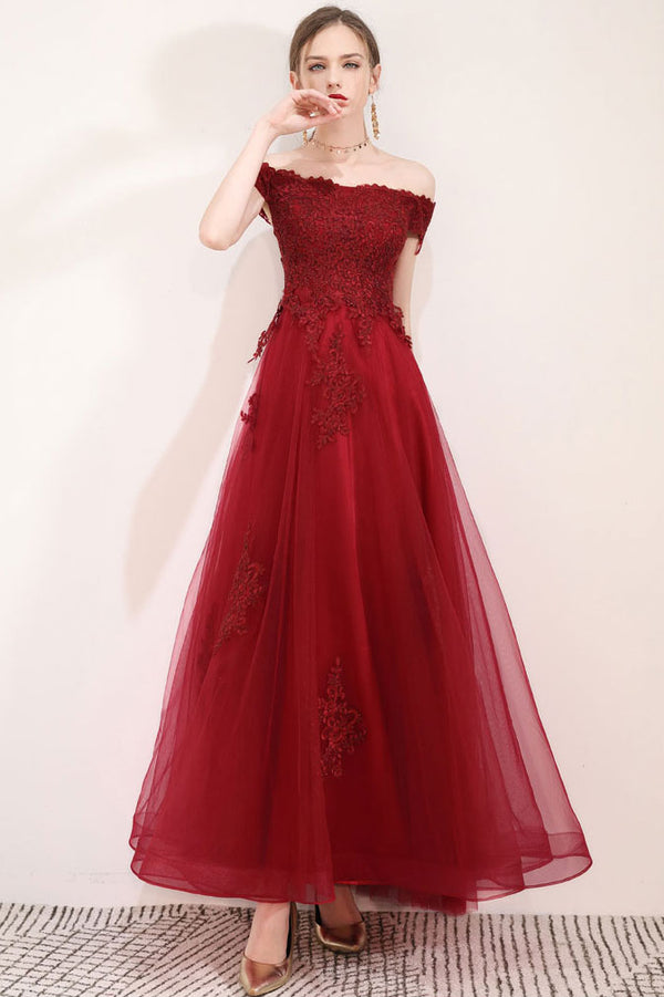 Burgundy tulle lace long prom dress, burgundy evening dress