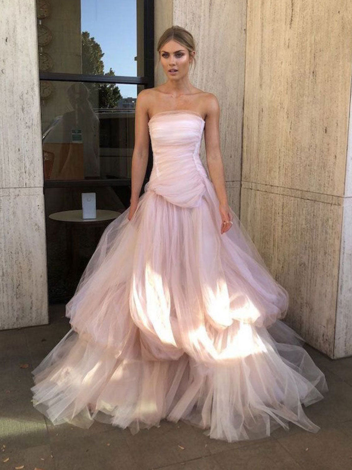 Light pink purple tulle long prom dress, pink purple tulle formal dress