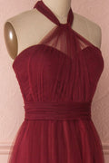 Burgundy tulle sweetheart long prom dress, burgundy evening dress