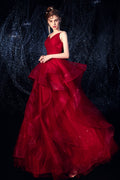 Burgundy tulle long prom dress, burgundy evening dress