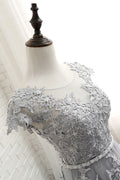 Gray round neck lace applique long prom dress, gray evening dress