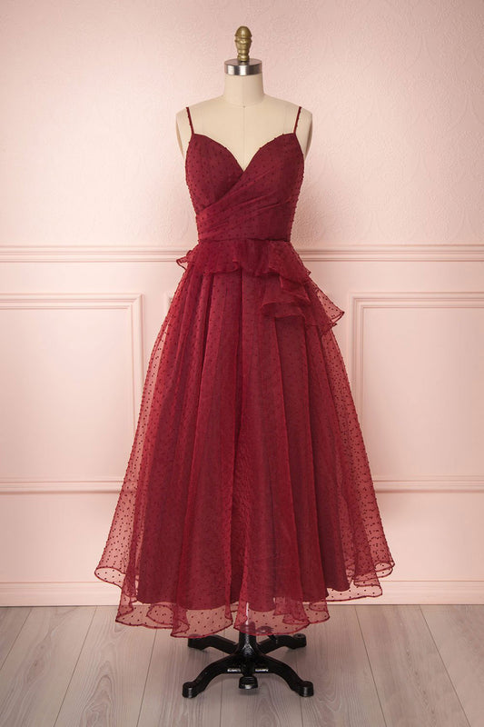 Burgundy sweetheart tulle prom dress, tulle evening dress