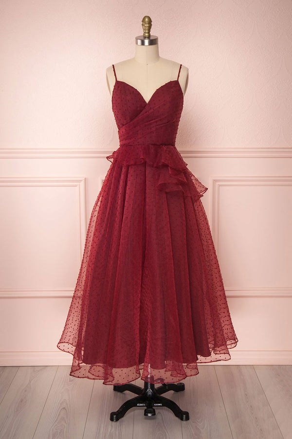 Burgundy sweetheart tulle prom dress, tulle evening dress