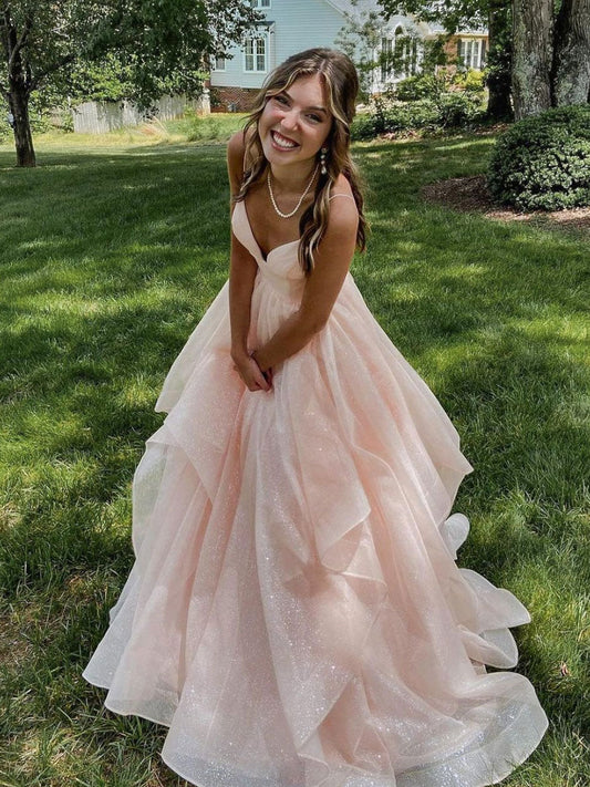 Pink v neck tulle long prom dress, pink tulle formal dress