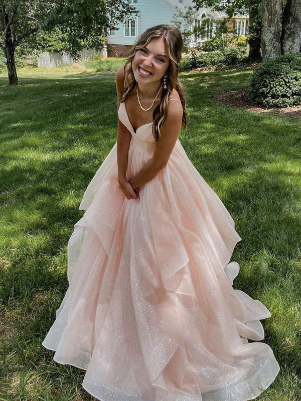 Pink v neck tulle long prom dress, pink tulle formal dress