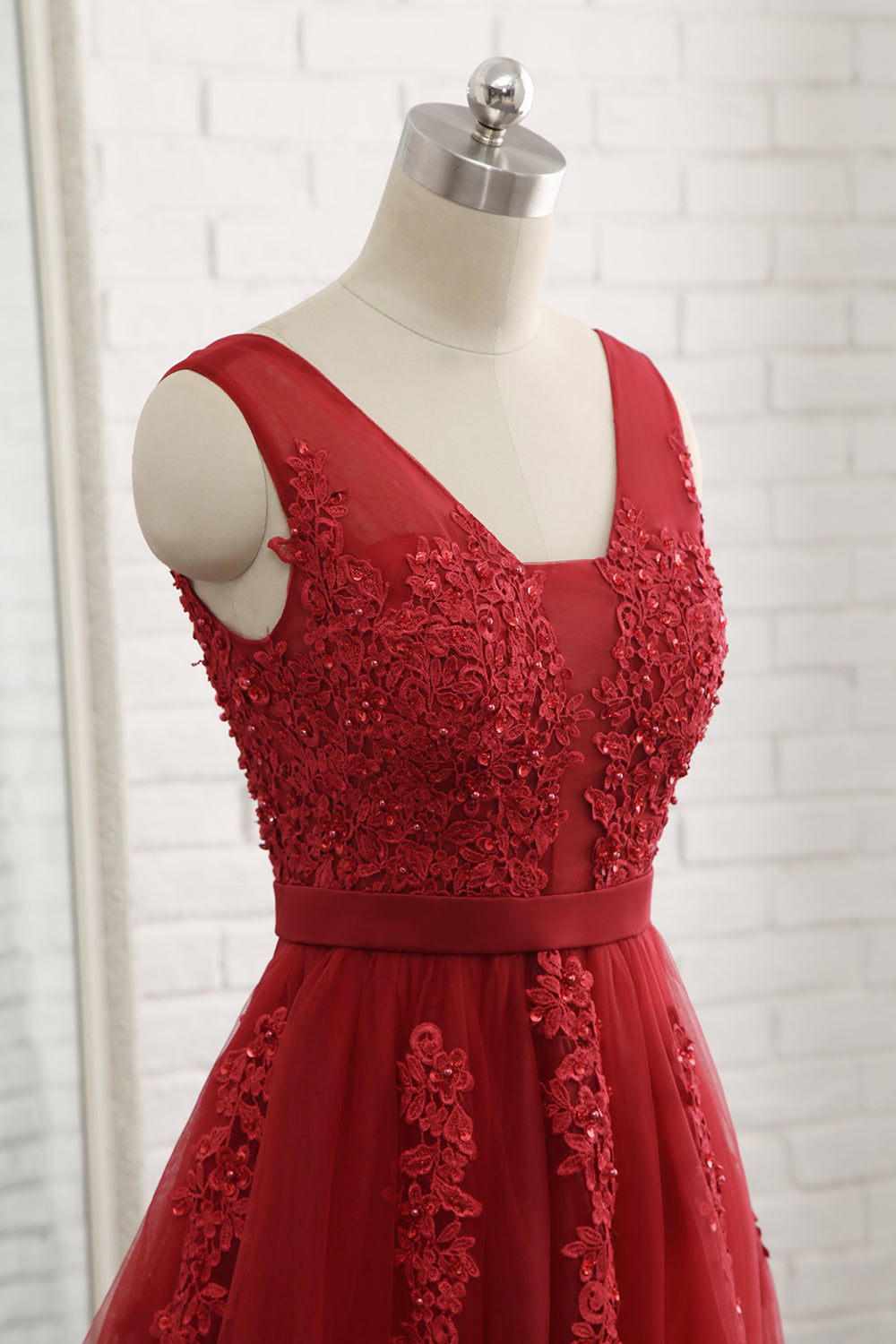 Burgundy v neck tulle lace long prom dress, burgundy evening dress