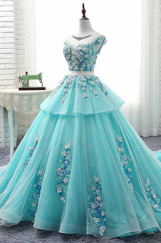 Green round neck tulle lace applique long prom dress, green evening dress