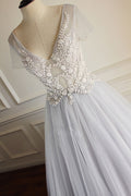 Gray v neck tulle lace applique long prom dress, gray evening dress