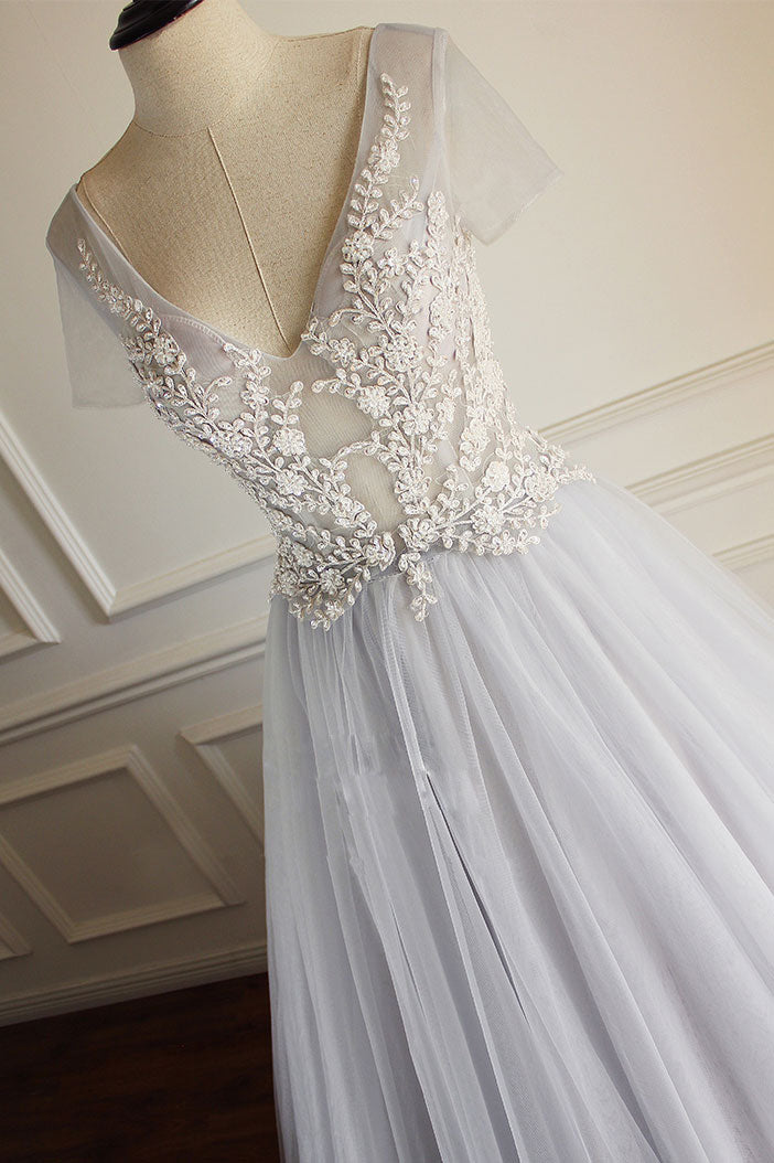 Gray v neck tulle lace applique long prom dress, gray evening dress