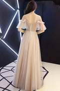 Champagne sweetheart tulle lace long prom dress champagne lace formal dress