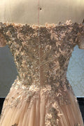 Champagne lace applique tulle long prom dress, champagne evening dress