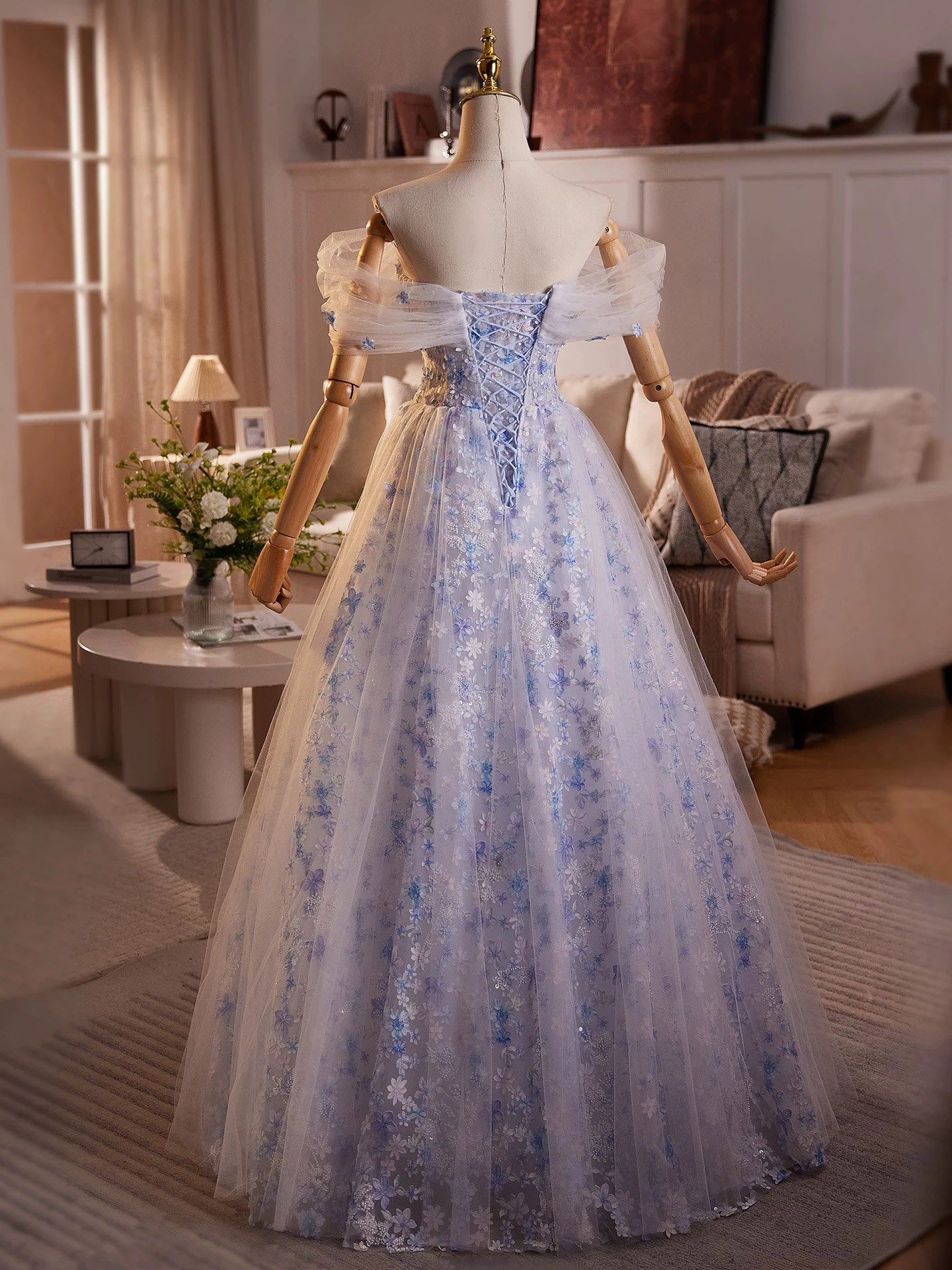 A-Line Off Shoulder Tulle Lace Purple Long Prom Dress, Purple Evening Dress