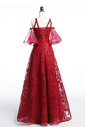 Burgundy tulle lace beads long prom dress, burgundy evening dress