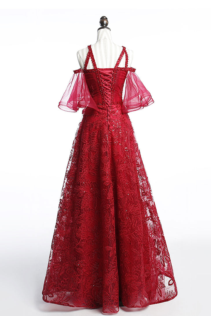 Burgundy tulle lace beads long prom dress, burgundy evening dress