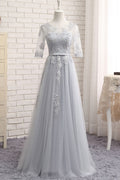 Gray tulle lace long prom dress, gray bridesmaid dress