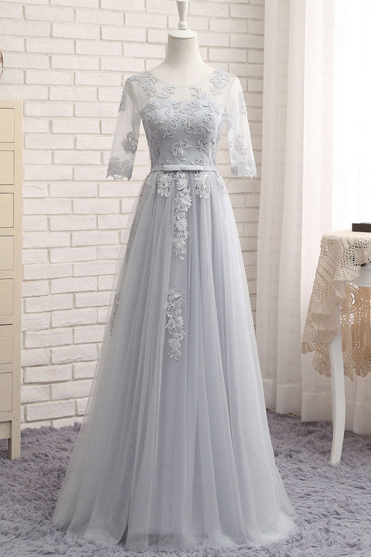 Gray tulle lace long prom dress, gray bridesmaid dress