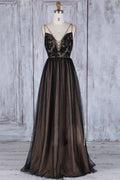 Black v neck lace tulle long prom dress, black bridesmaid dress