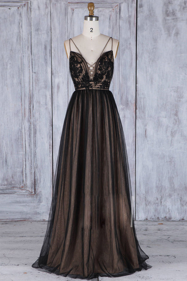 Black v neck lace tulle long prom dress, black bridesmaid dress
