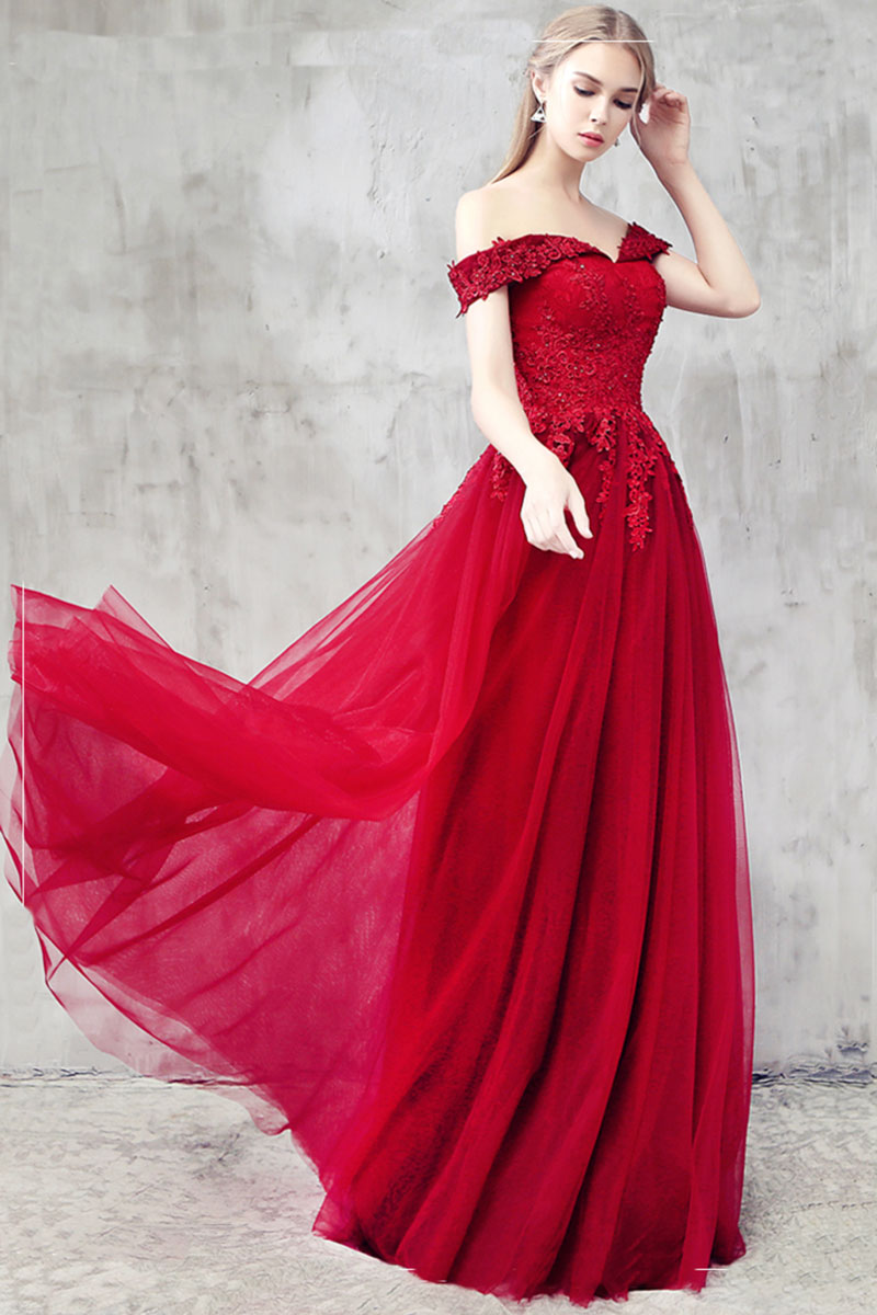 Burgundy tulle lace off shoulder prom dress, burgundy bridesmaid dress