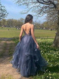Gray blue v neck tulle lace long prom dress blue formal dress