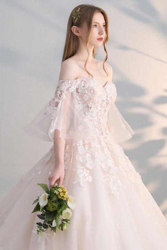 Light champagne tulle lace applique long prom dress, champagne wedding dress