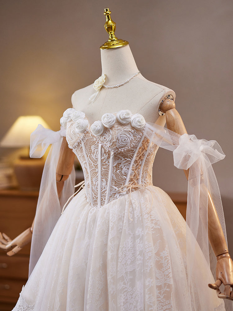 A-Line Off Shoulder Tulle Lace Light Champagne Short Prom Dress, Light Champagne Homecoming Dress