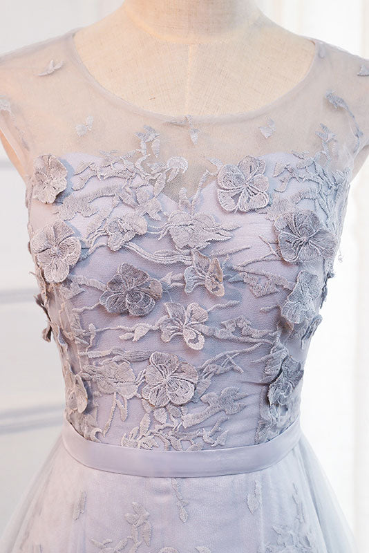 Gray round neck tulle lace applique long prom dress, gray evening dress