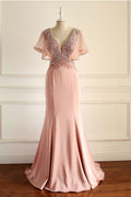 Unique pink beads chiffon long prom dress. pink evening dress