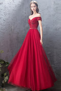 Burgundy tulle off shoulder long prom dress, burgundy evening dress