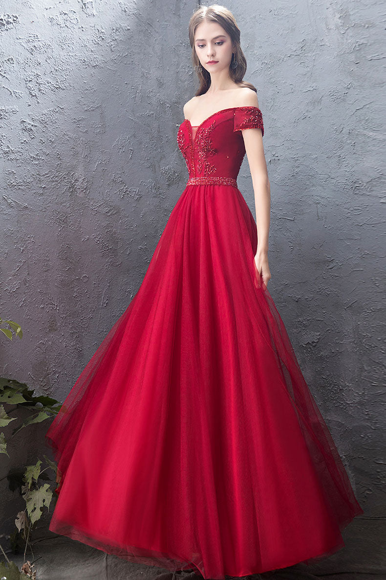 Burgundy tulle off shoulder long prom dress, burgundy evening dress
