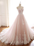 Pink sweetheart neck tulle long prom dress, lace tulle evening dress