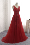 Burgundy v neck tulle lace applique long prom dress, burgundy bridesmaid dress