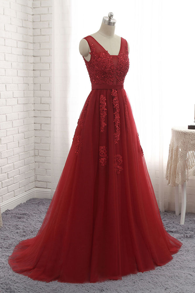 Burgundy v neck tulle lace applique long prom dress, burgundy bridesmaid dress