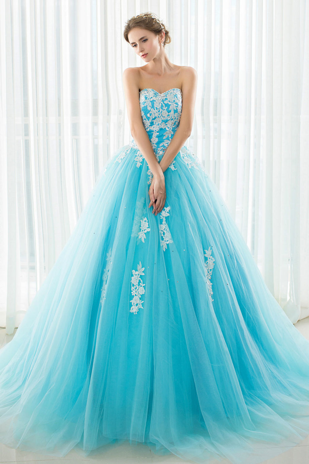 Blue tulle lace applique long prom dress, blue evening dress