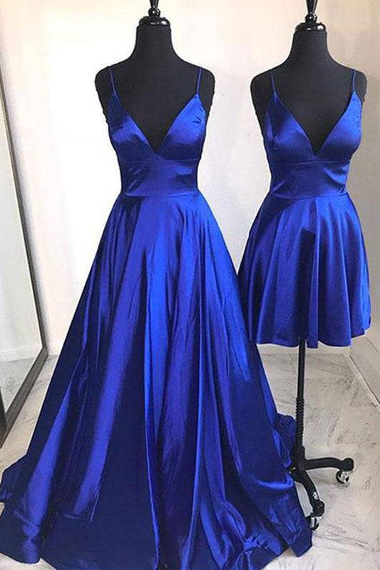 Blue v neck satin long prom dress, blue evening dress