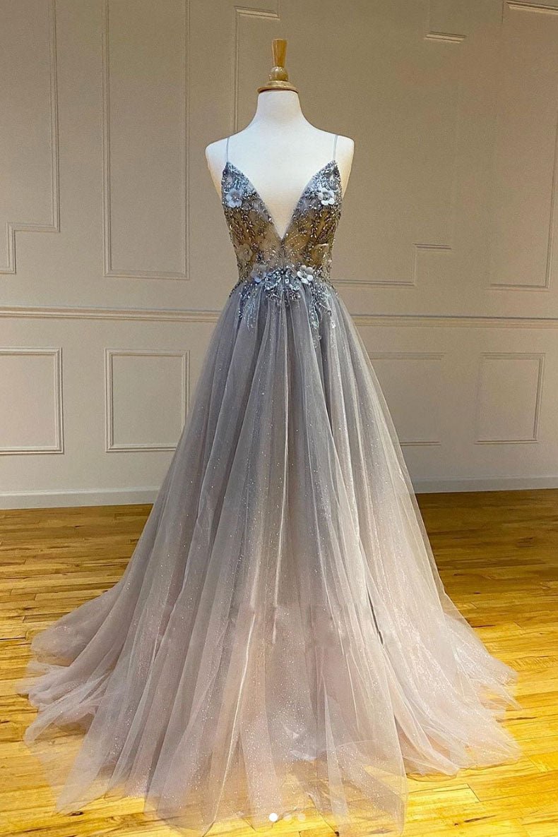 Gray v neck tulle long prom dress gray tulle formal dress