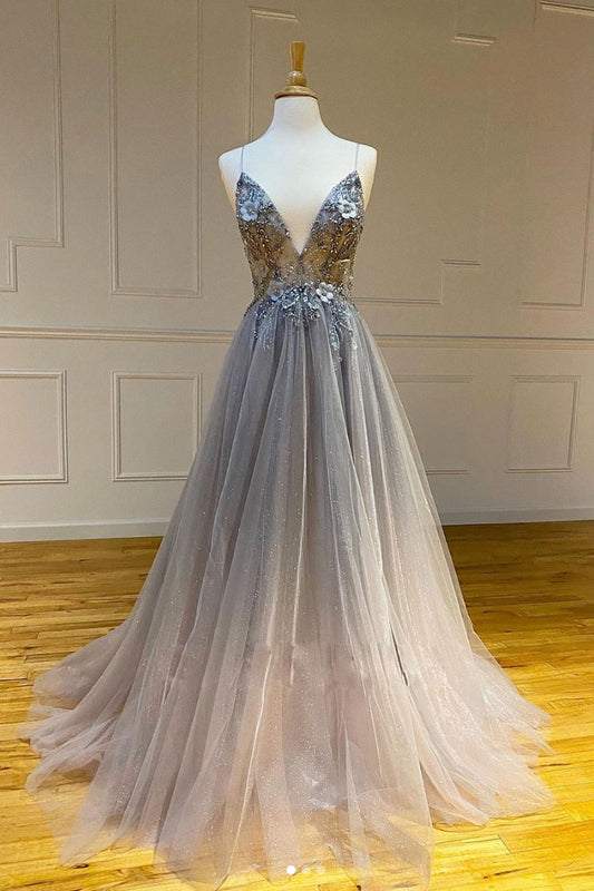 Gray v neck tulle long prom dress gray tulle formal dress