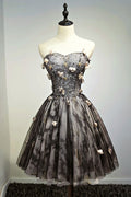 Black tulle lace short prom dress, black homecoming dress