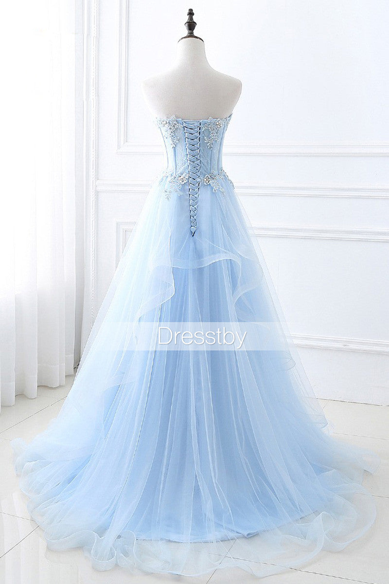 Blue sweetheart tulle long prom dress, blue evening dress