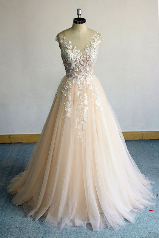 Champagne round neck tulle lace long prom dress, champagne evening dress