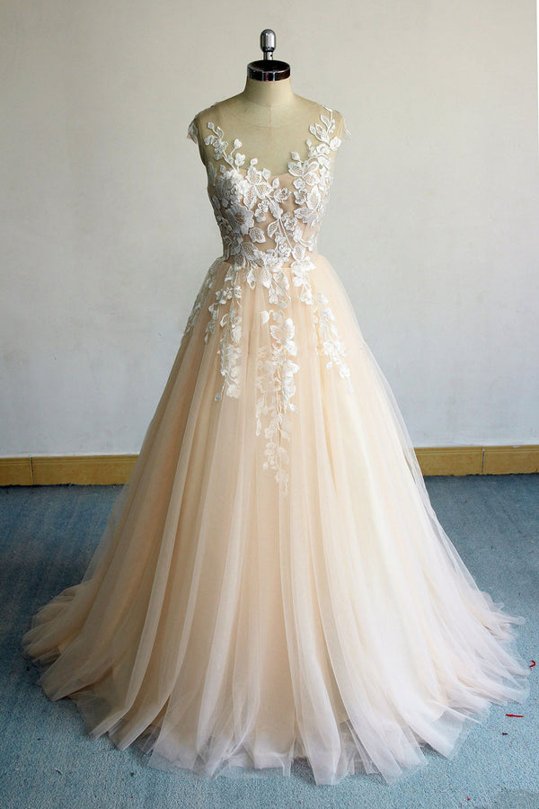 Champagne round neck tulle lace long prom dress, champagne evening dress