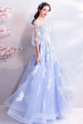 Blue round neck tulle lace long prom dress, blue evening dress