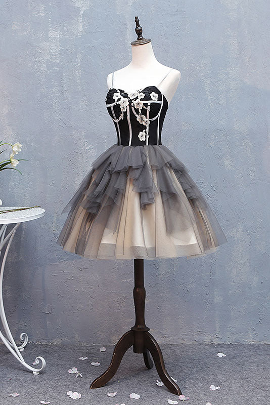 Cute sweetheart neck tulle short prom dress, black homecoming dress