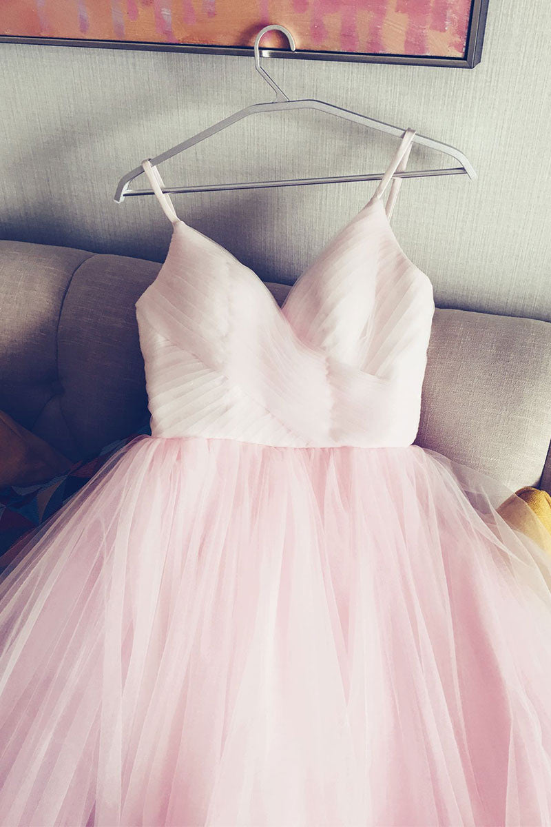 Simple v neck tulle pink prom dress, pink tulle evening dress