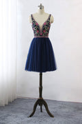 Dark blue v neck lace tulle short prom dress, blue homecoming dress