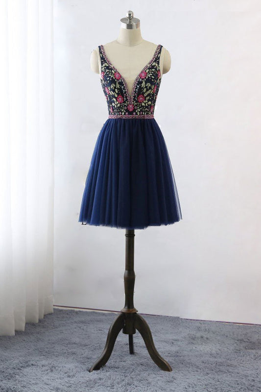 Dark blue v neck lace tulle short prom dress, blue homecoming dress