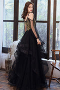 Black sweetheart tulle lace long prom dress black evening dress