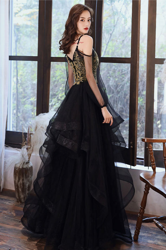 Black sweetheart tulle lace long prom dress black evening dress