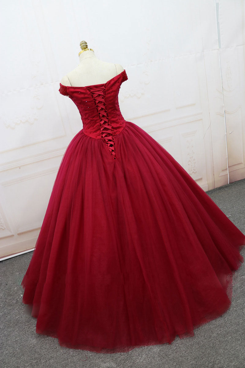 burgundy off shoulder tulle long prom dress, tulle evening dress